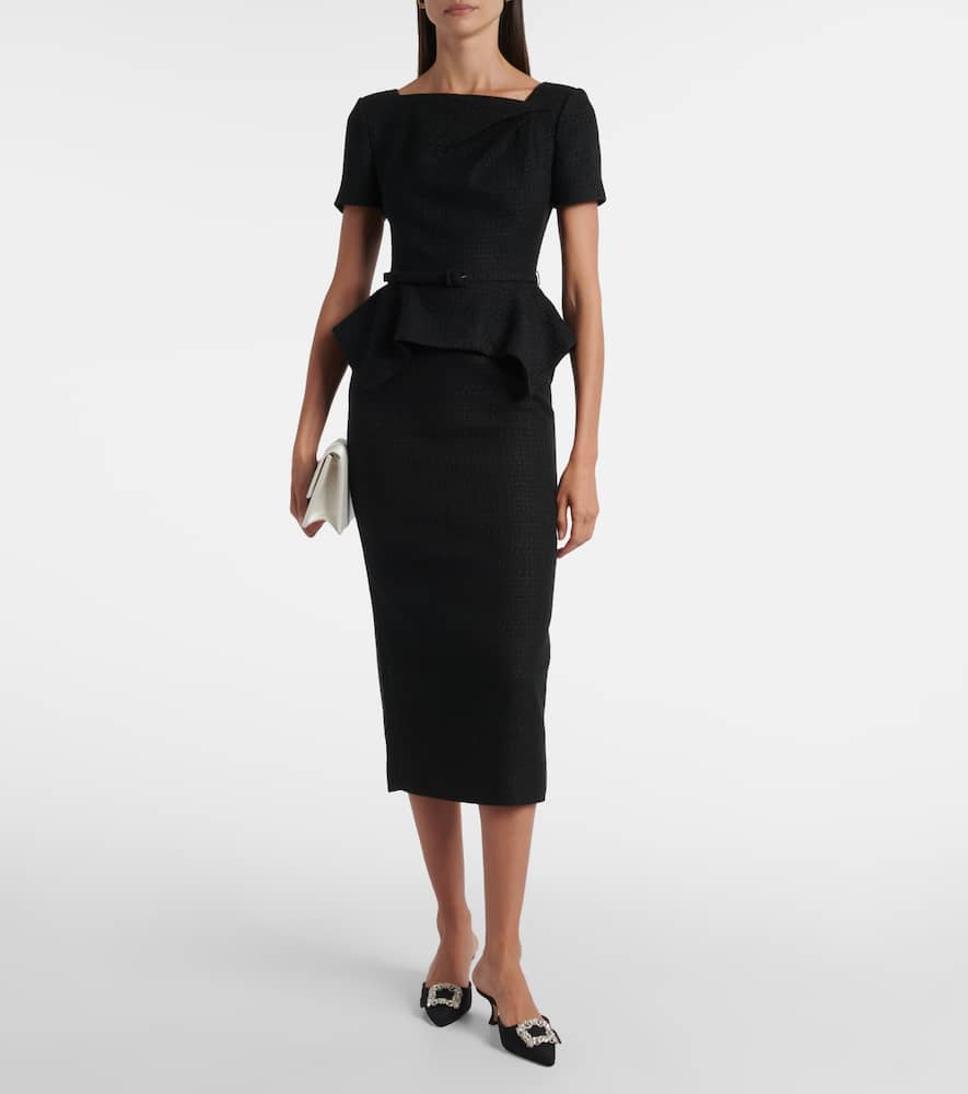 Belted peplum bouclé midi dress