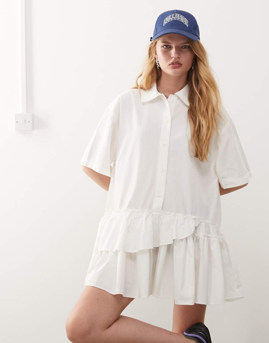 Short sleeve shirt dress with tiered hem in white