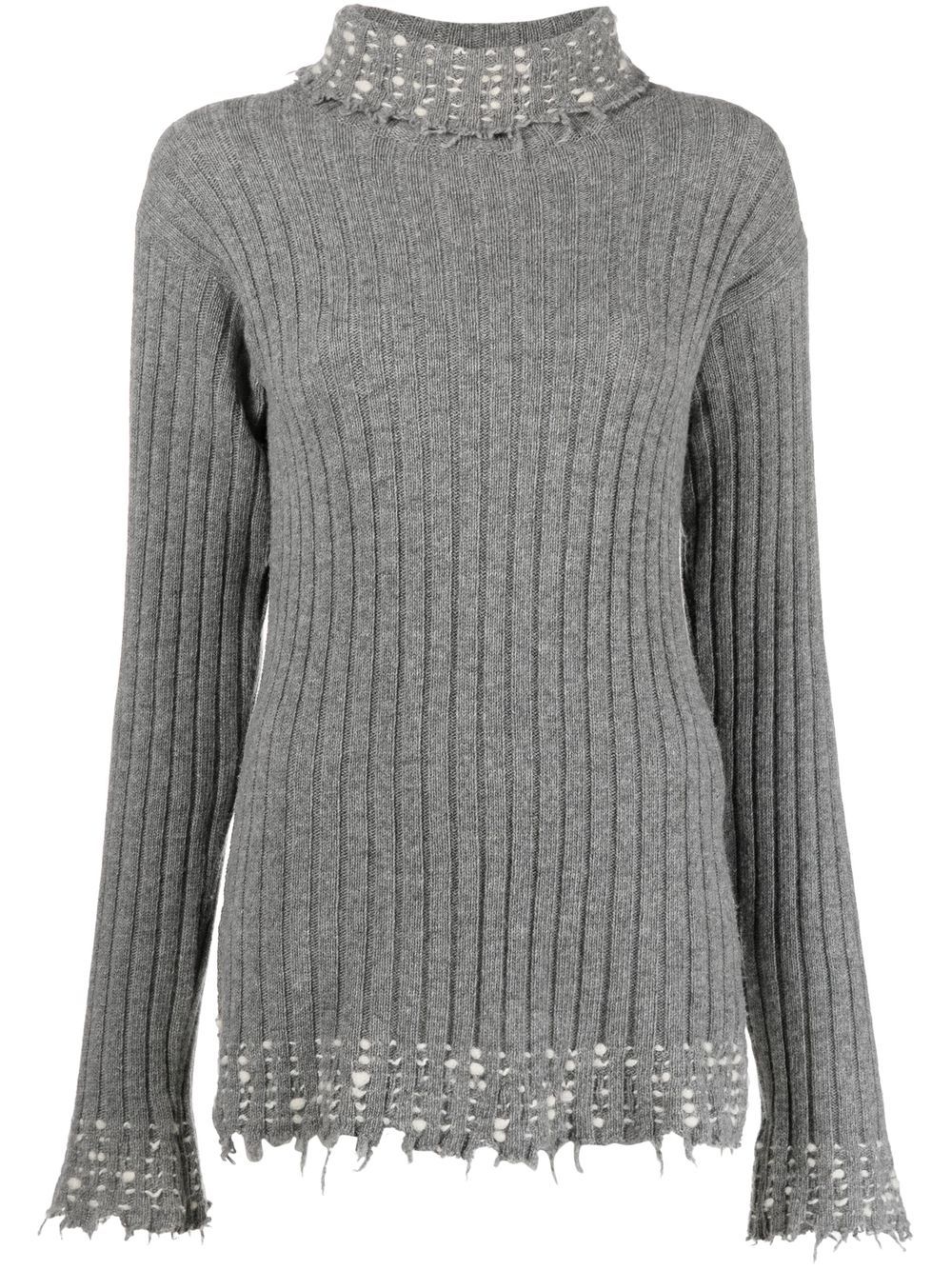 Raw-cut edge high-neck knitted jumper - Grey