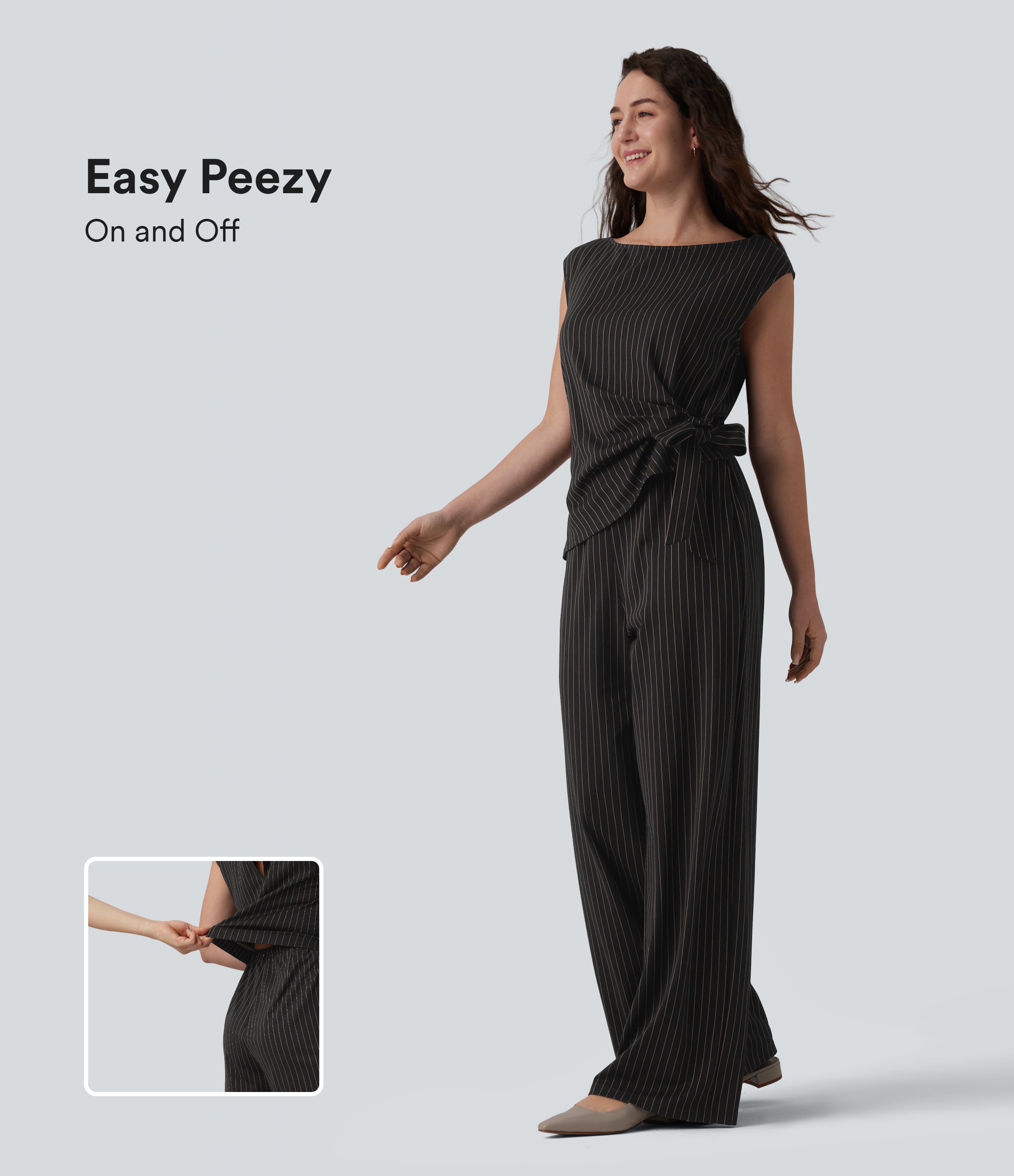 Boat Neck Sleeveless Tie Side Cool Touch Stripe Work Jumpsuit with Pockets-Easy Peezy Edition  - Black Brown Black Pinstripe