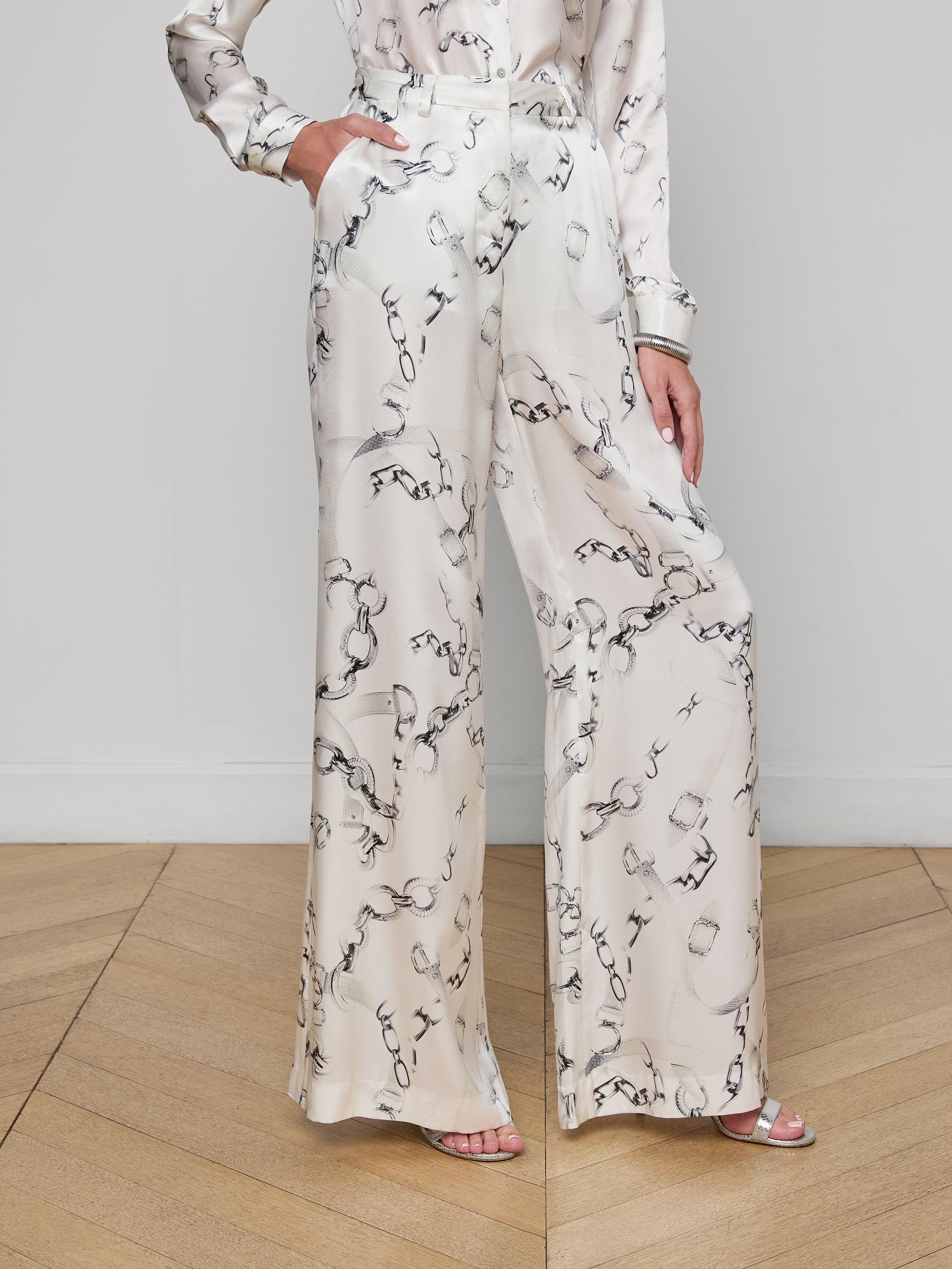 Gavin Silk Wide-Leg Pants In Ivory/grey Medium Faded Chain