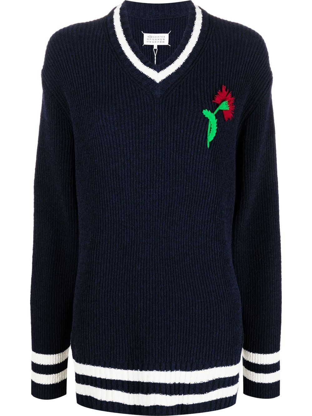 Floral-embroidered V-neck jumper - Blue