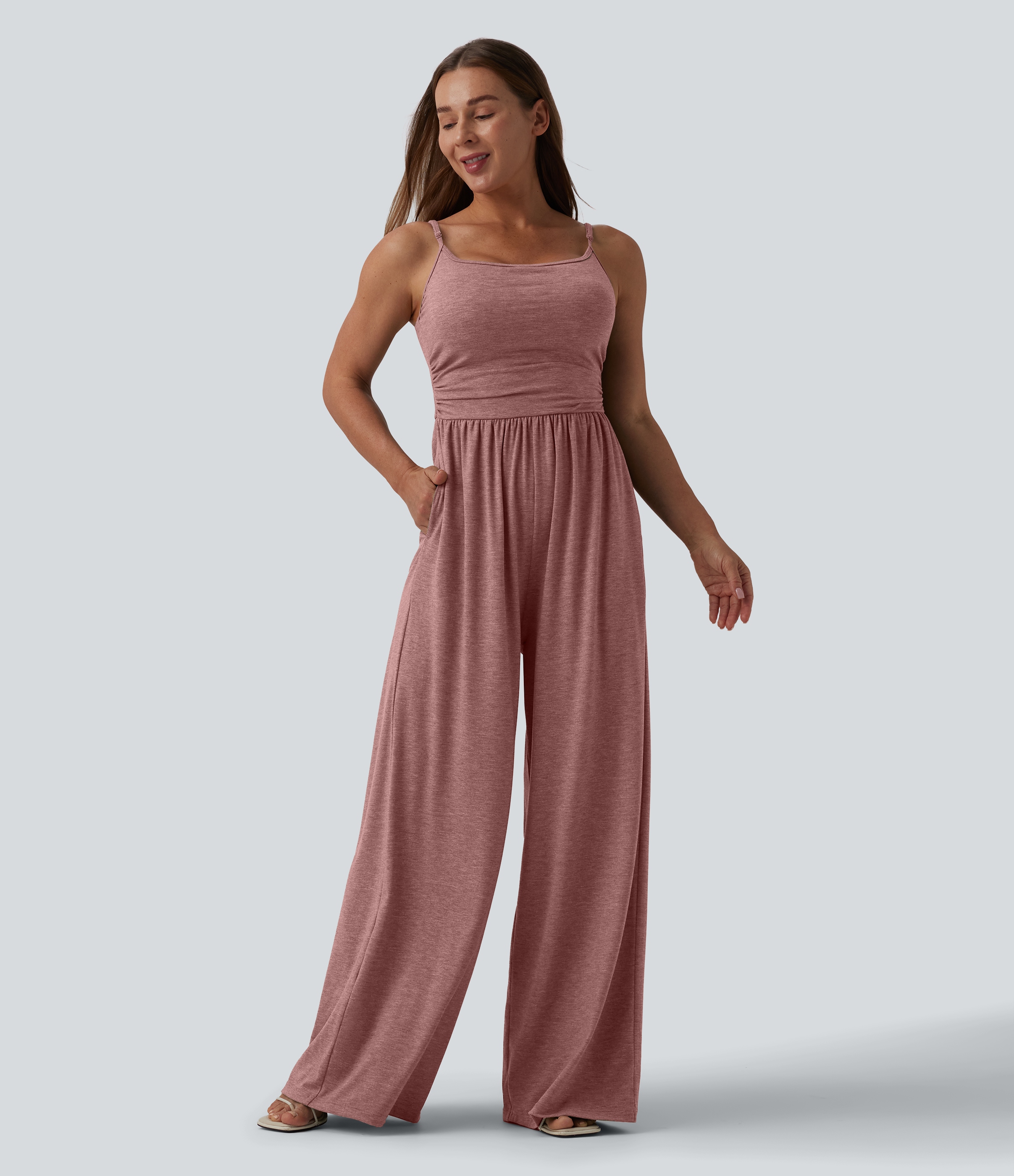 Adjustable Straps Ruched Wide Leg Heathered Casual Jumpsuit with Pockets-Easy Peezy  - Brick Red Mix