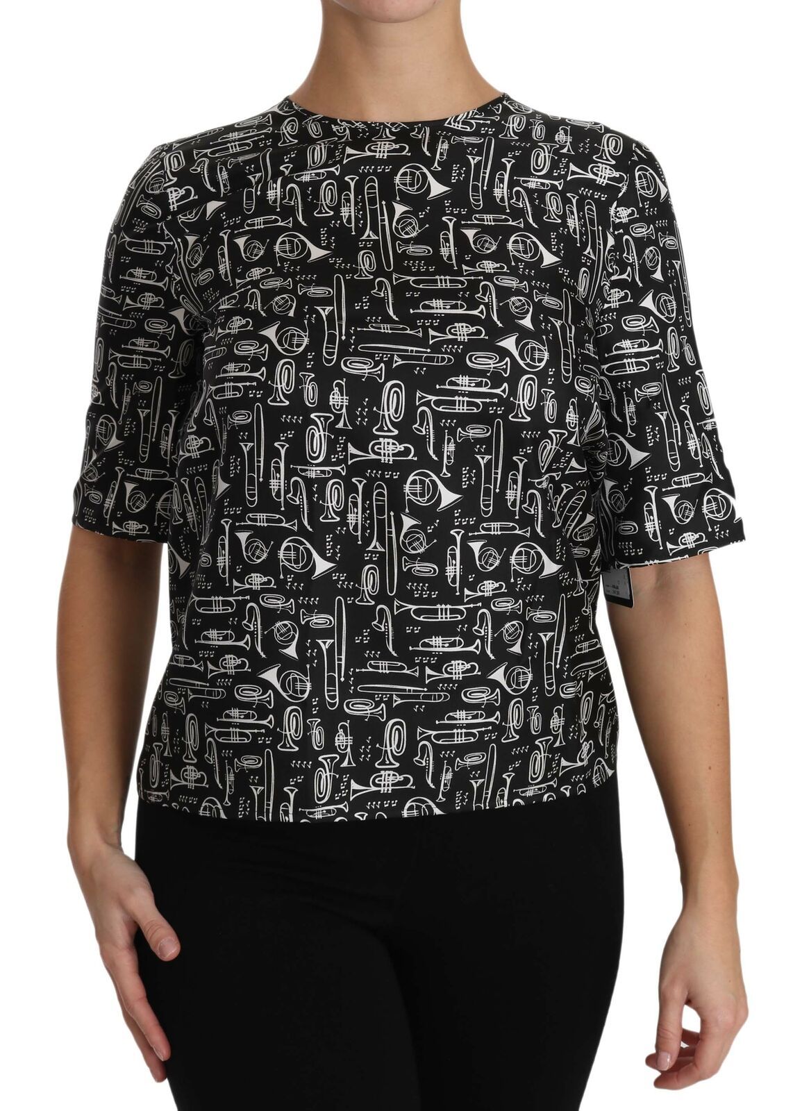 Musical Instruments Print Silk Blouse — Black