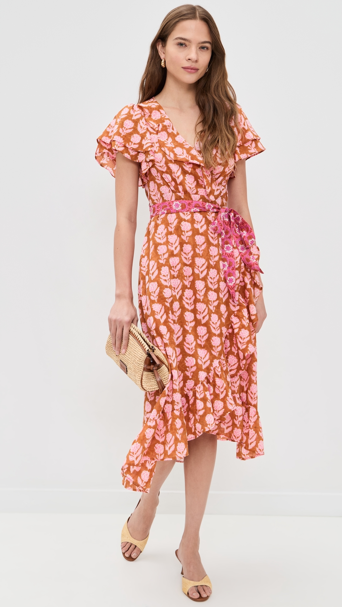 Frilly Wrap Dress Brown And Pink Flower