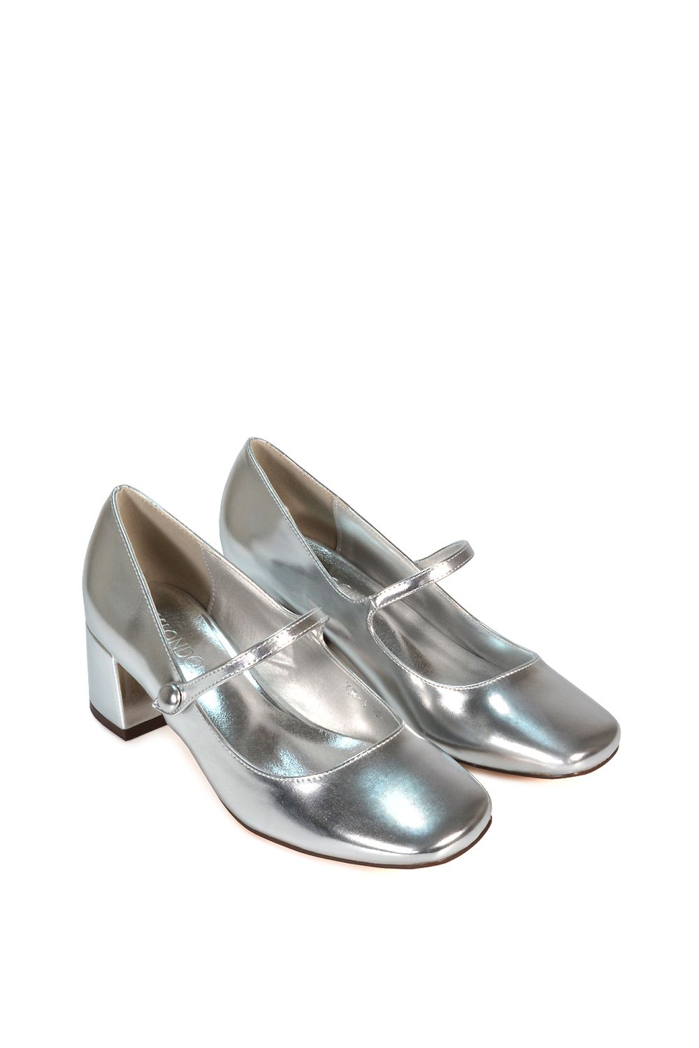 XY London Women's 'Leneka' Mary Jane Low Block Heel Court Shoes in Metallic Silver
