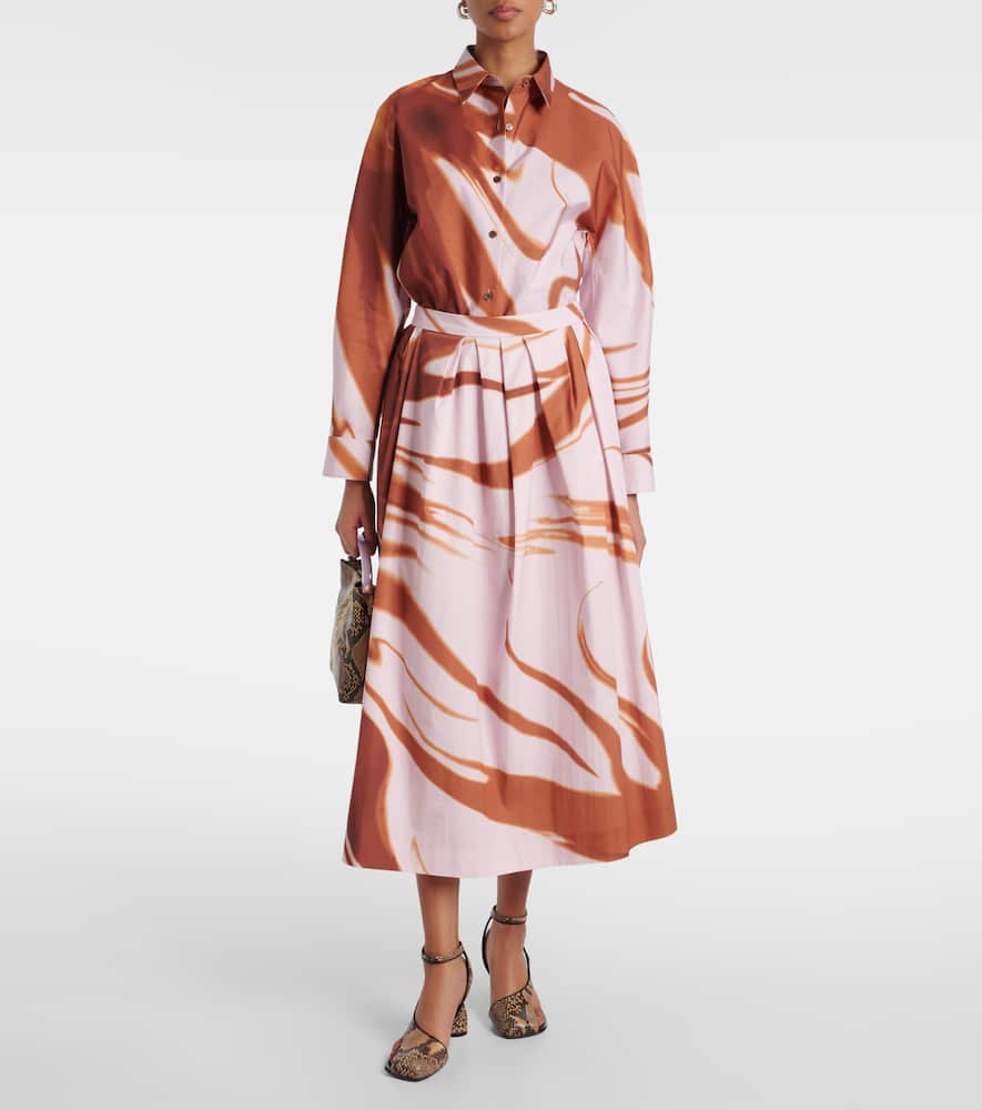 Printed gathered cotton midi skirt