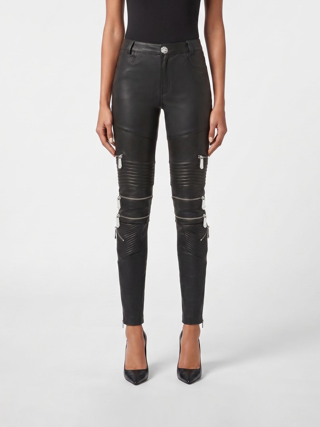 Lambskin skinny-fit zipped trousers - Black
