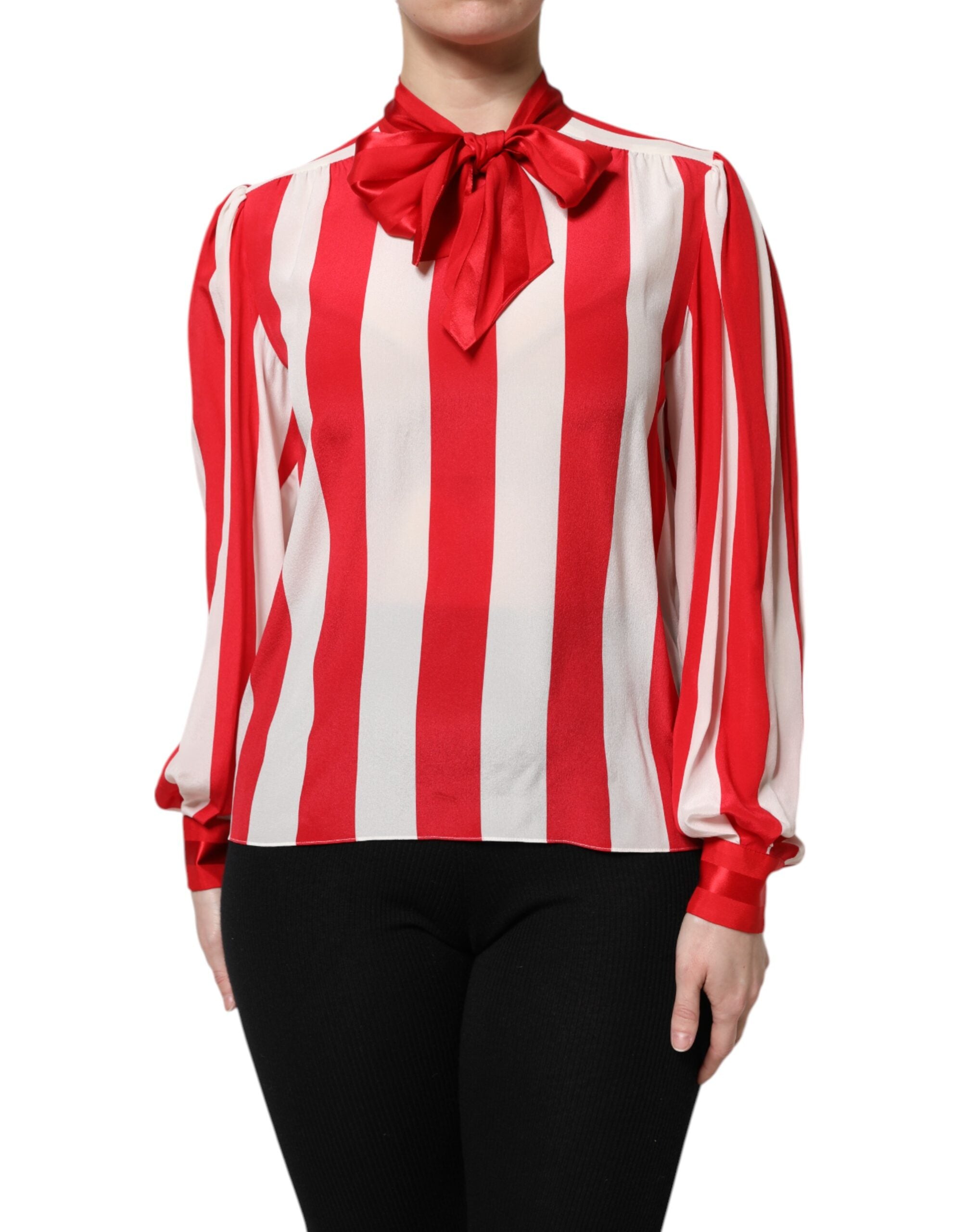 Striped Silk Ascot Blouse — Red
