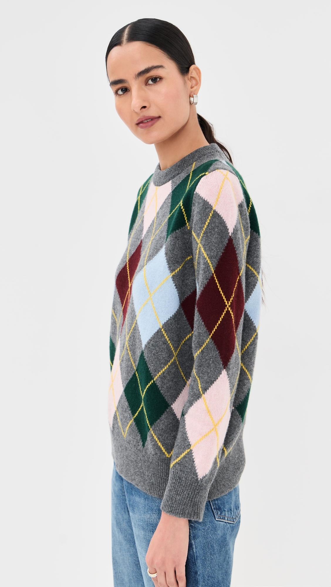 &Argyle Slouch Crewneck Sweater Grey With Pale Pink