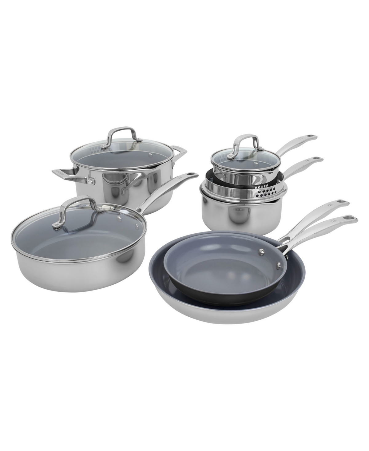 Clad H3 Ceramic Nonstick 10-Piece Stainless Steel Ceramic Nonstick Cookware Set - Stainless Steel
