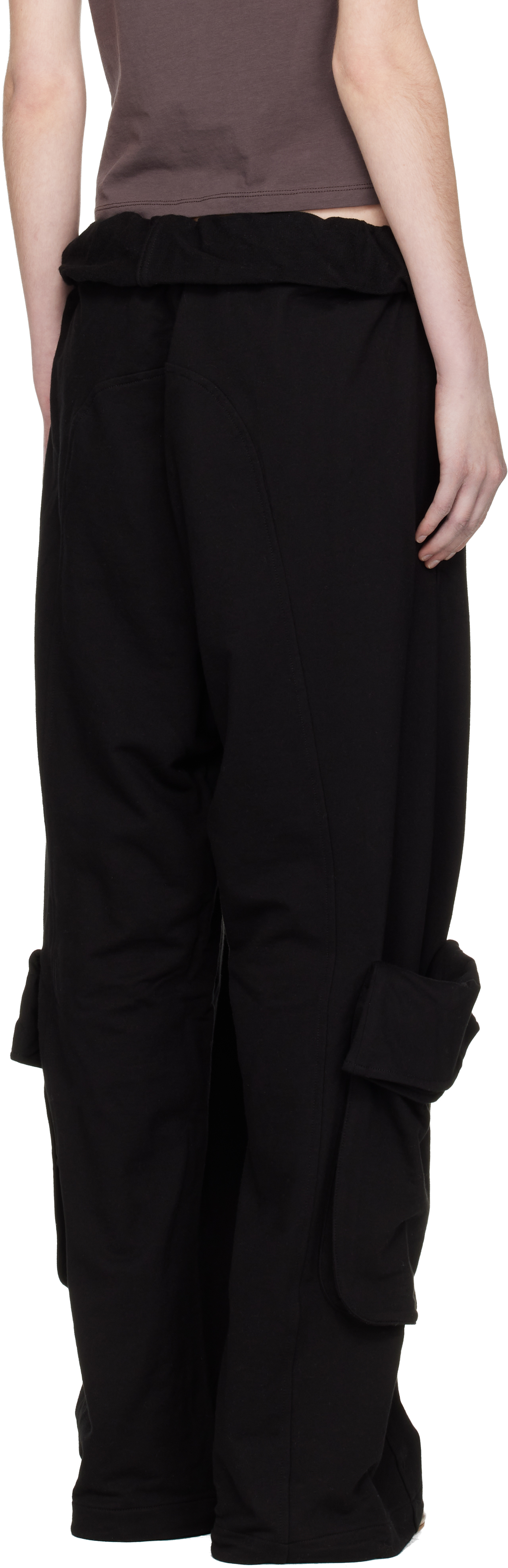 Black Rolled Waist Sweat Cargo Pants