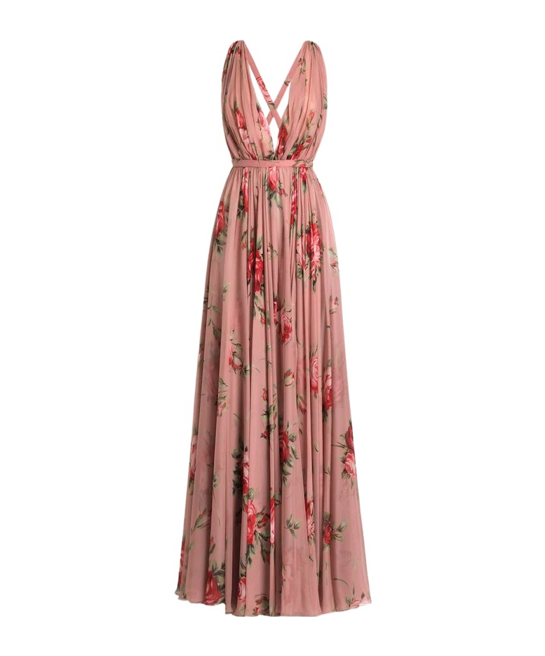 Rose Bouquet-Printed Chiffon Dress