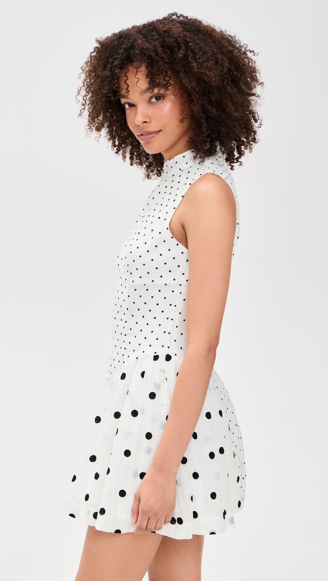 Polka-Dot Mix Gathered Hip Mini Dress White