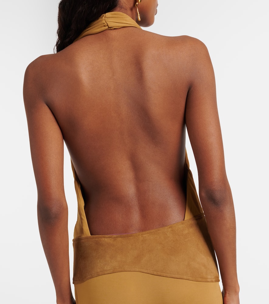 Suede-trimmed jersey gown
