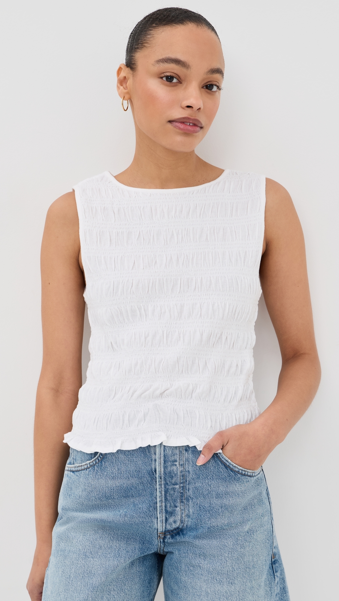 Smocked Boat Neck Tank White