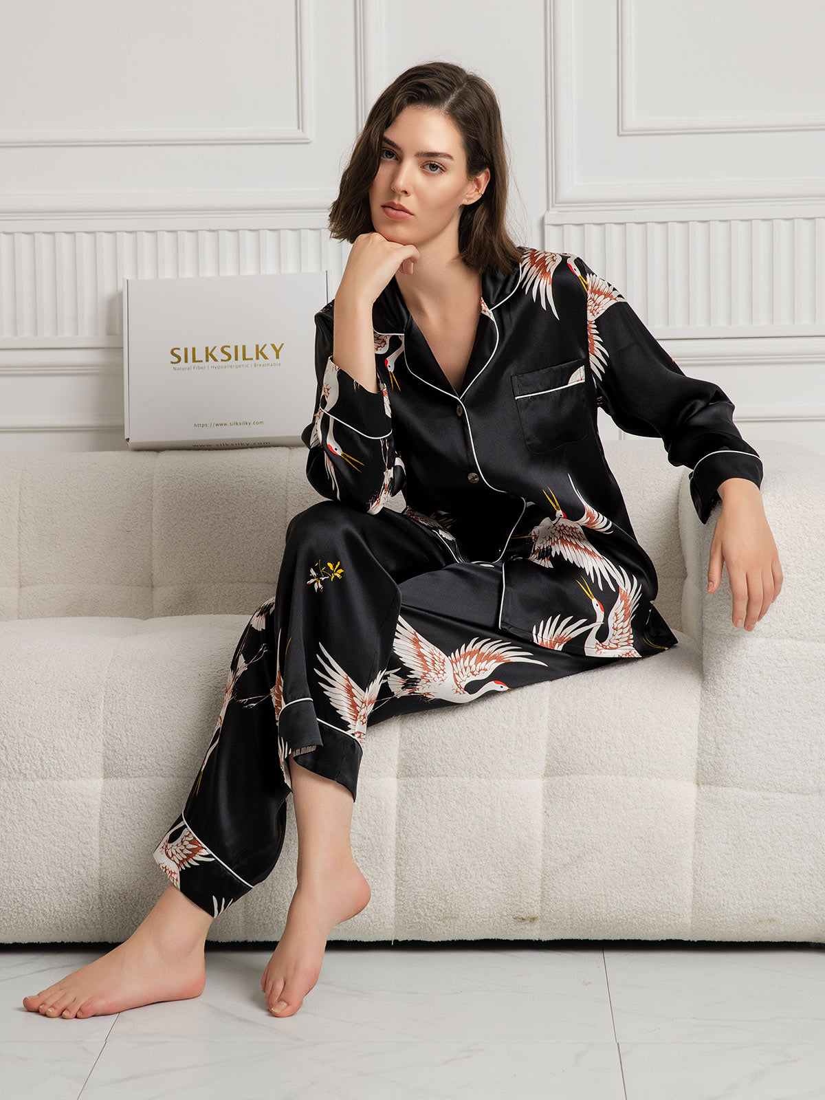 19Momme Women's Pure Silk Crane Print Long Sleeve Notch Collar Pajamas Set