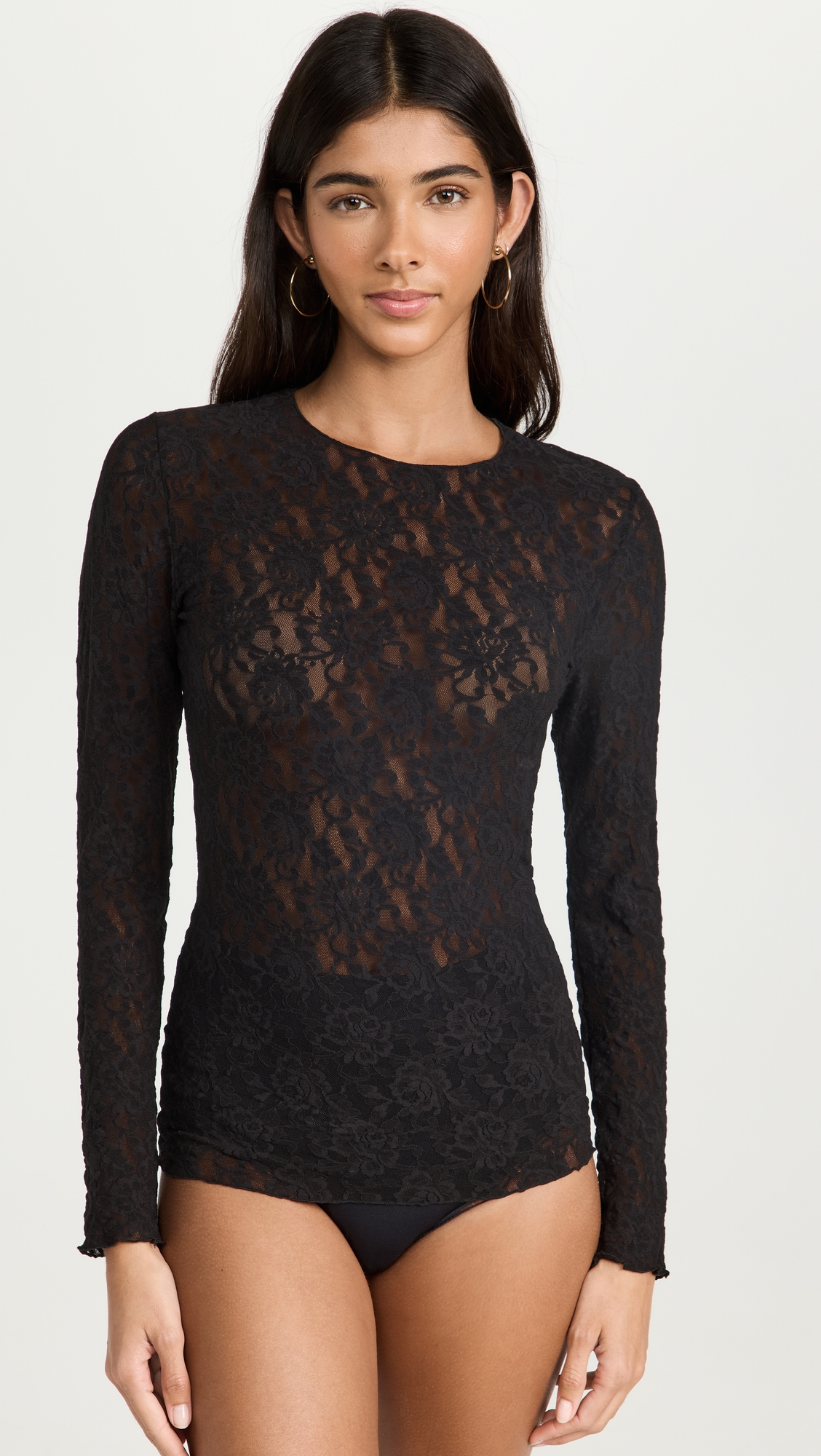 Signature Lace Unlined Long Sleeve Top Black
