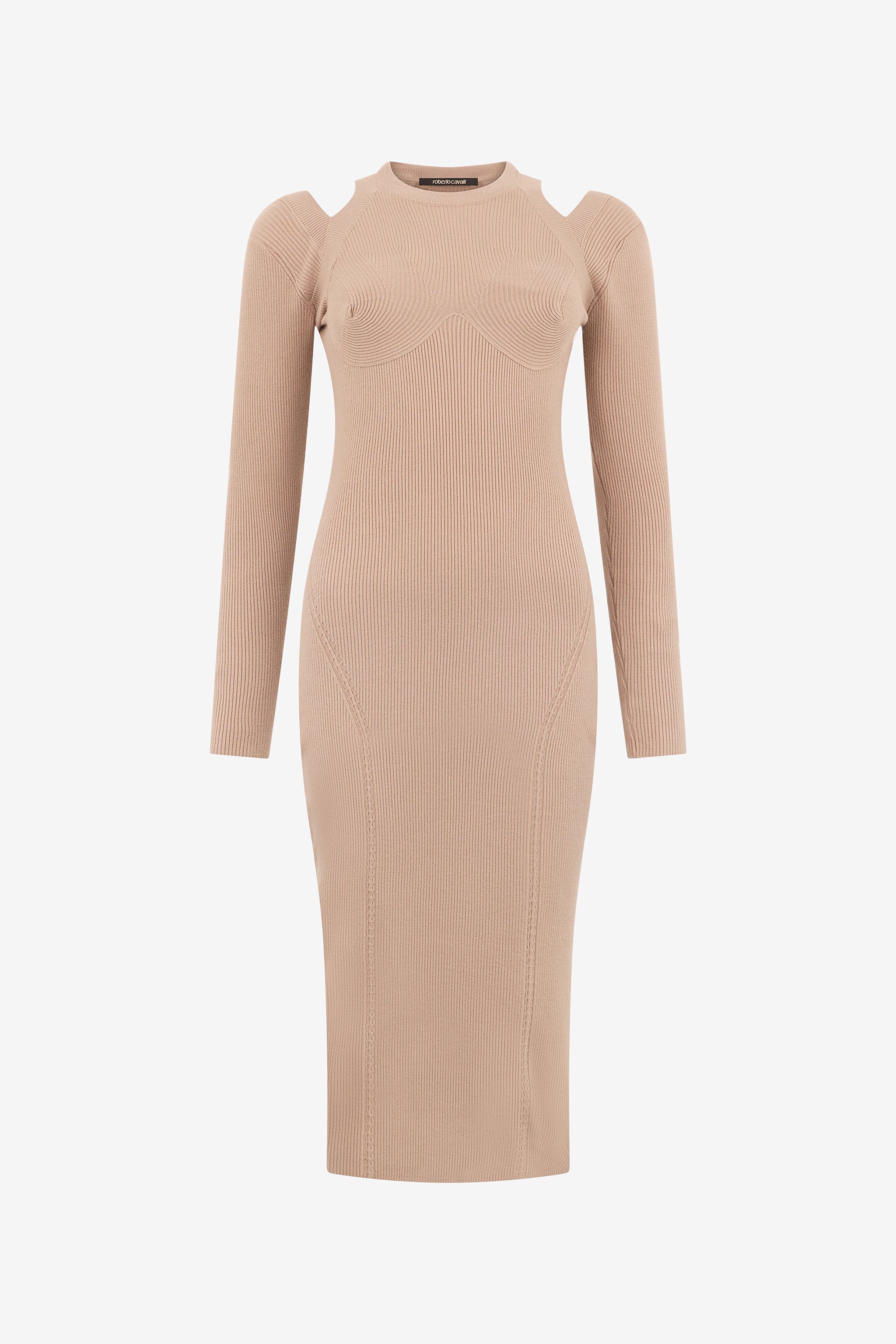 Beige Cut-out Ribbed Midi Dress