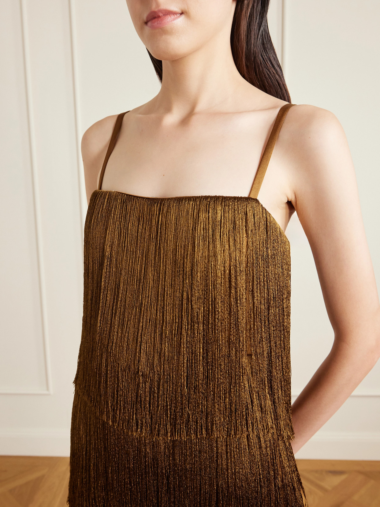 Cinca Tiered Fringed Satin Mini Dress - Brown