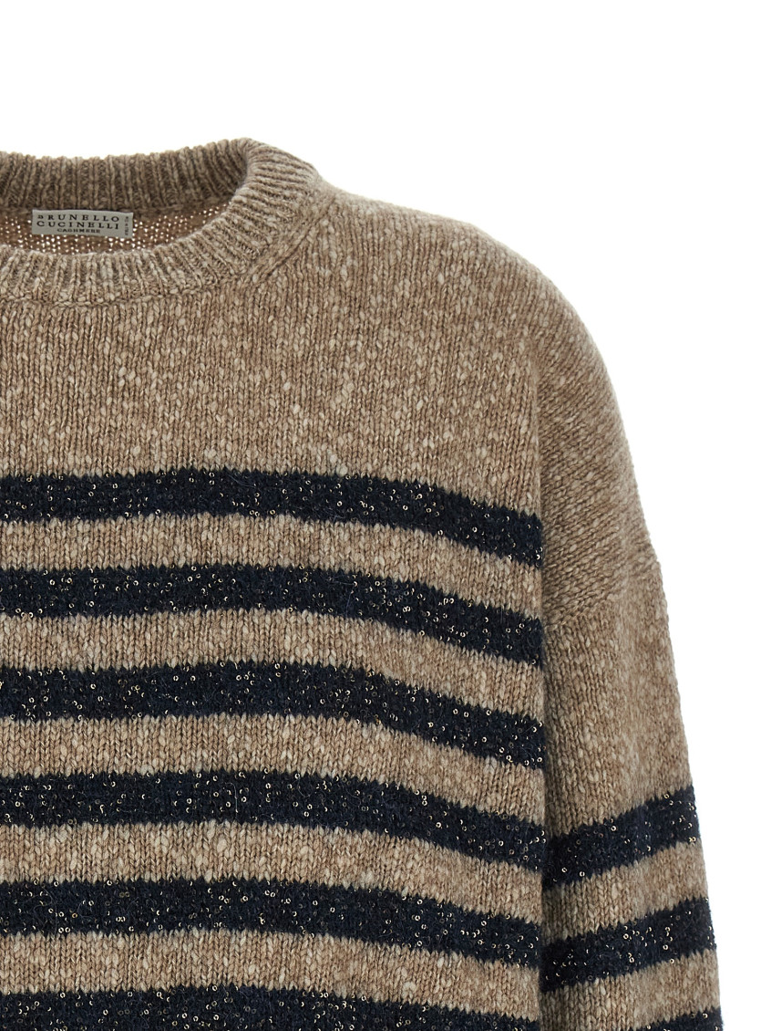 Brunello Cucinelli - striped sequin knit crew neck sweater