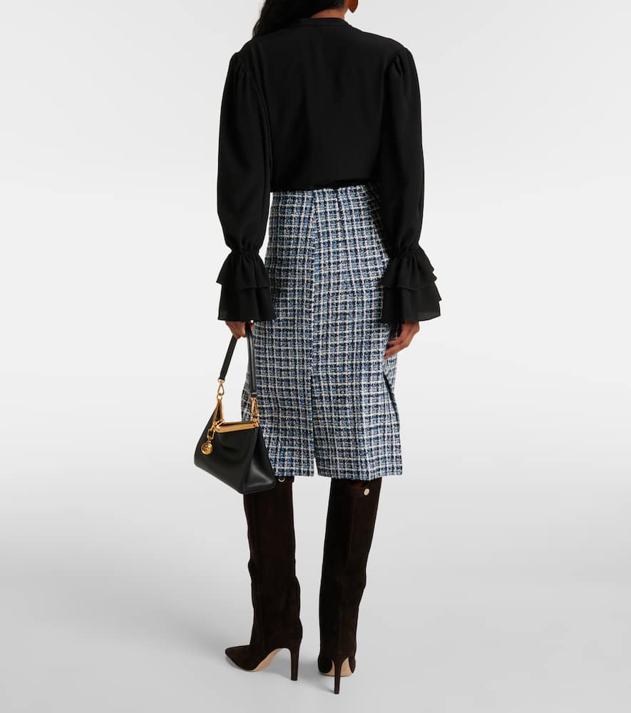 High-rise cotton-blend tweed midi skirt
