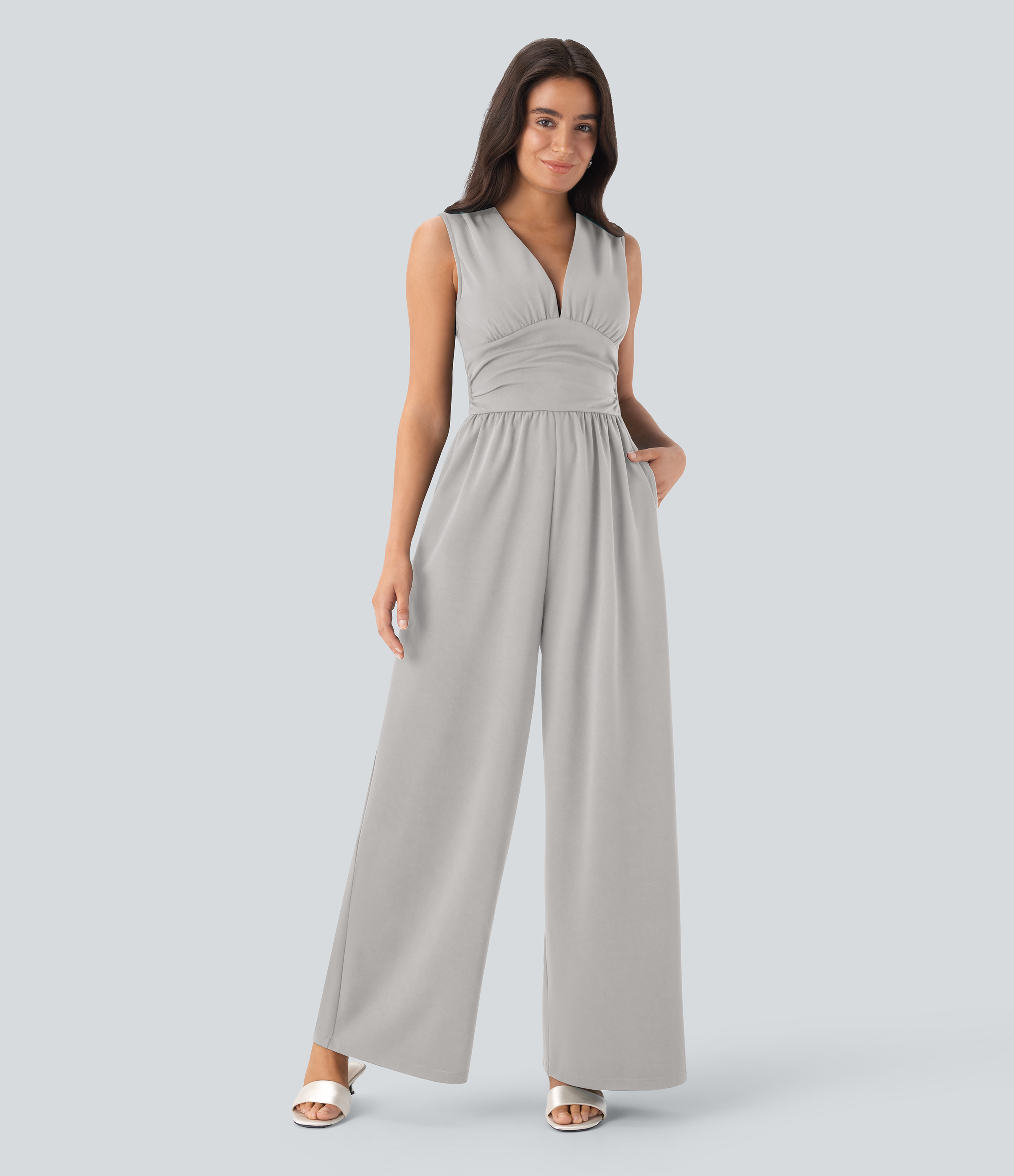 V Neck Sleeveless Ruched Pocket Jumpsuit-Easy Peezy  - Dawn Blue