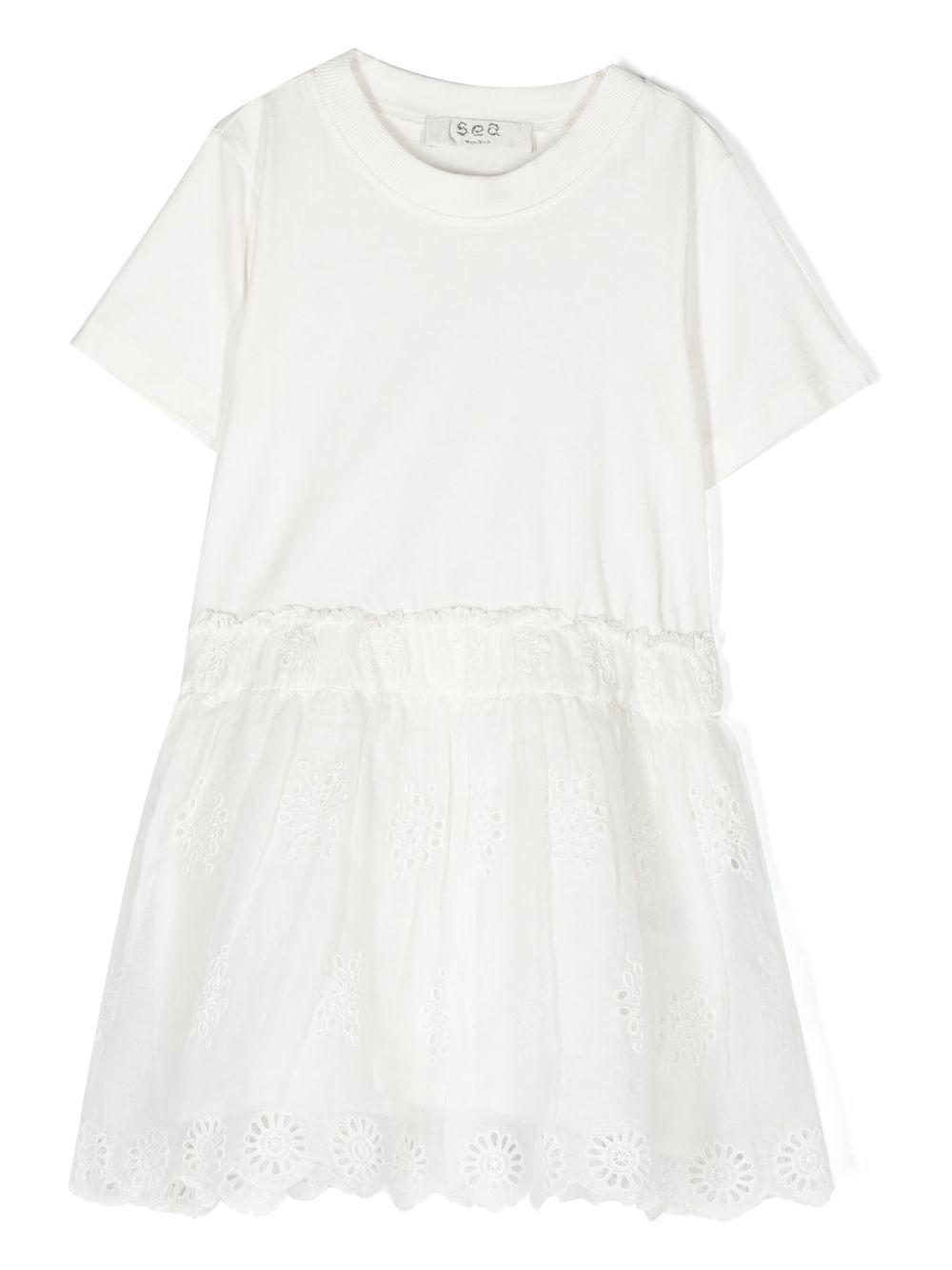 Broderie-anglaise short-sleeve dress - Neutrals