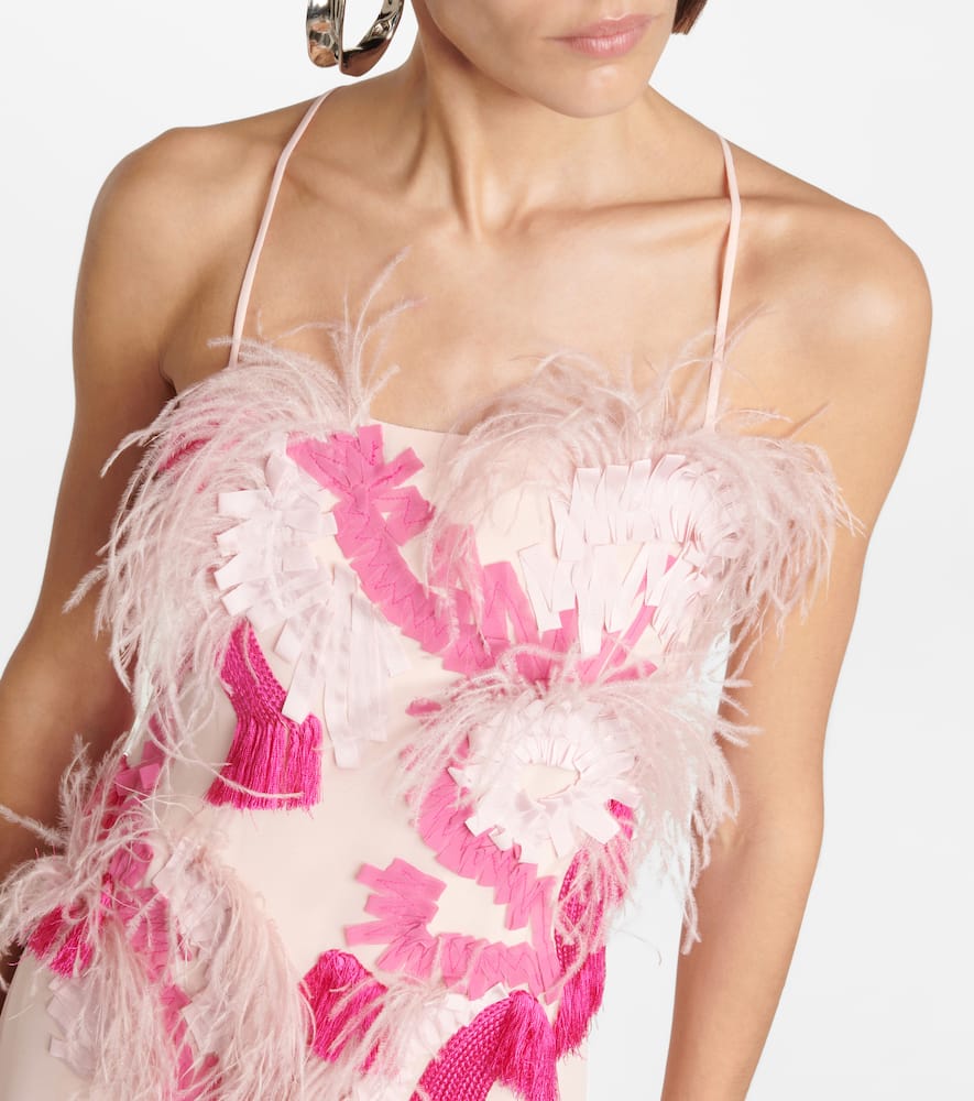 Xu Zhi Feather-trimmed embroidered midi dress