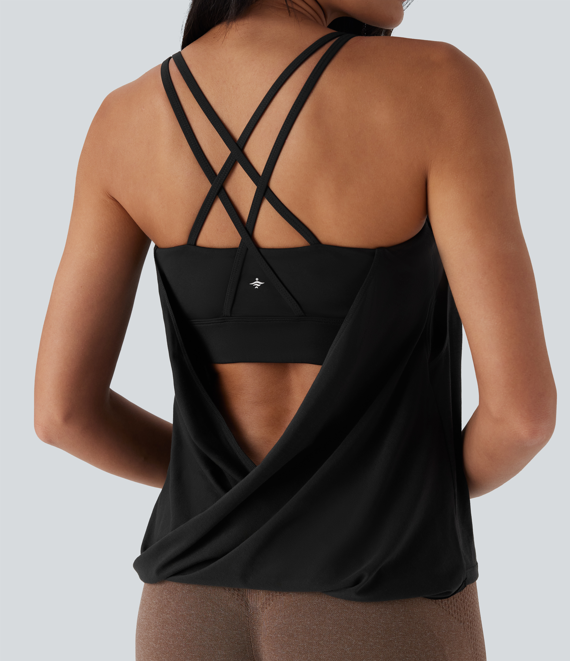 Double Straps Pleated Quick Dry Yoga Cami Top D-F Cups Tank Top - Black