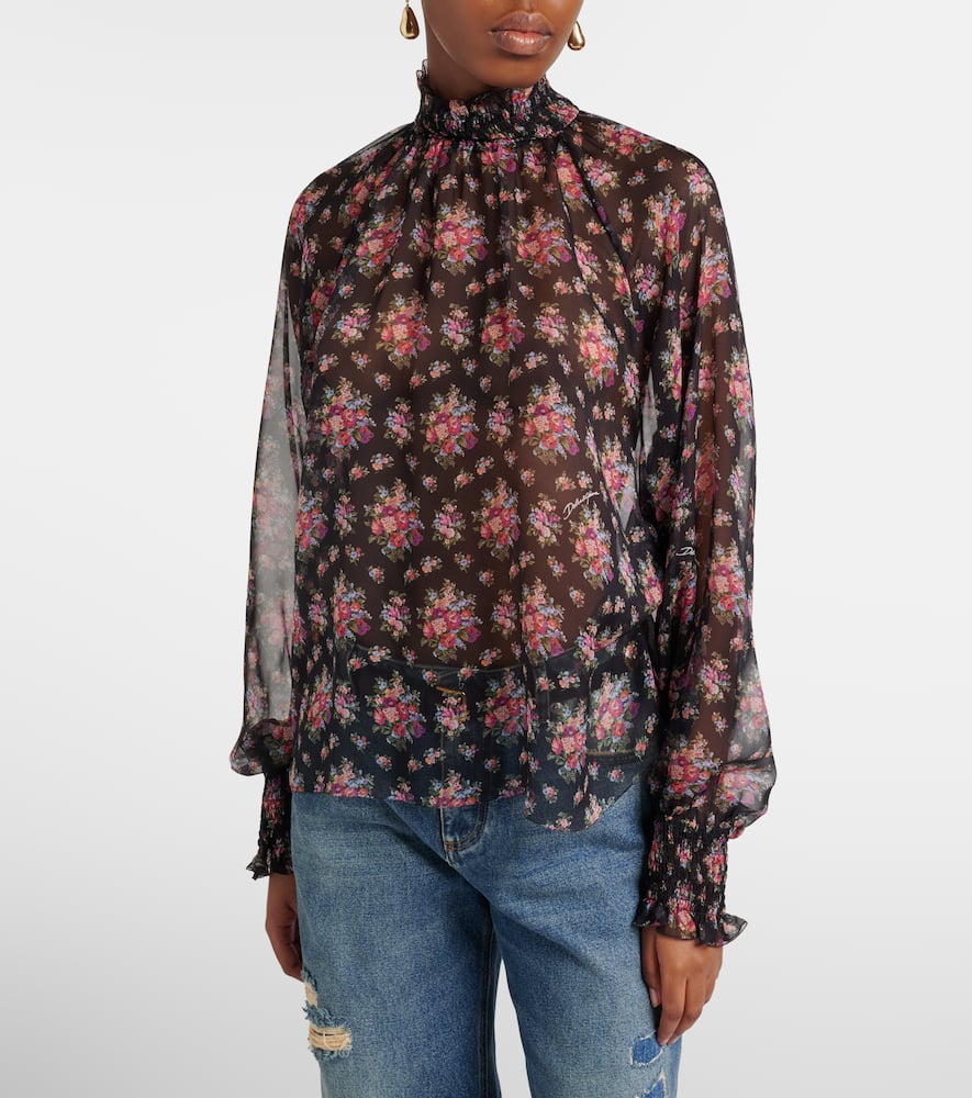 Floral ruffled sheer silk blouse
