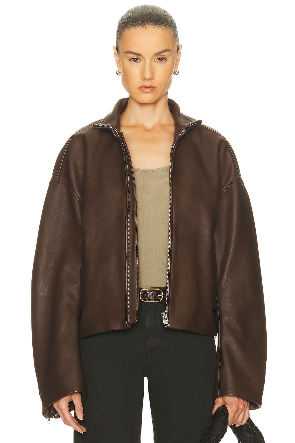 GRLFRND Romy Leather Jacket in Chocolate Brown - Chocolate. XL also in