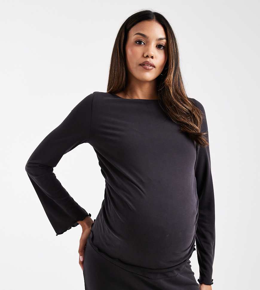 ASOS DESIGN Maternity co-ord long sleeve top with lettuce hem in black