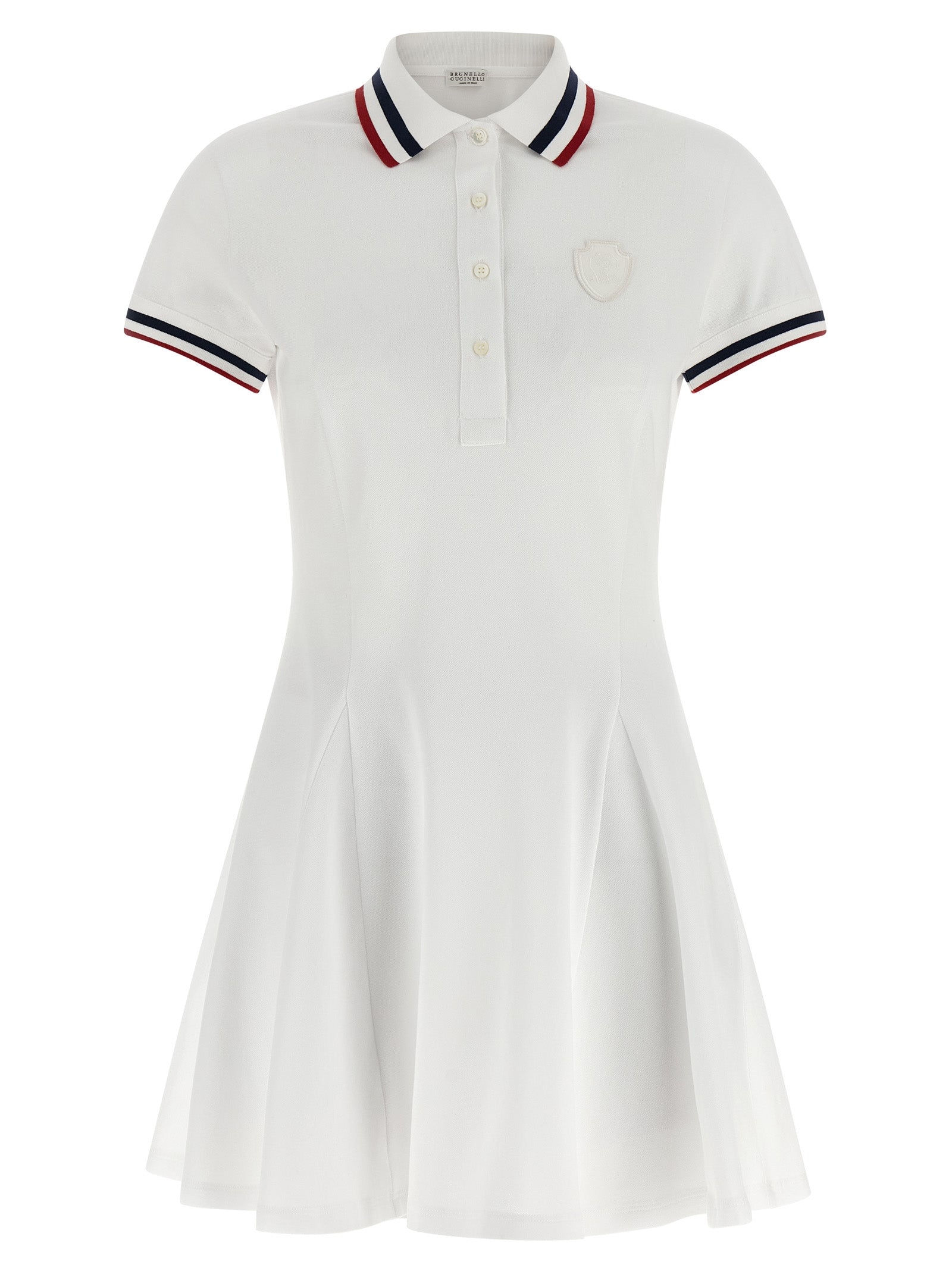 Striped Collar Piquet Cotton Polo Dress — White
