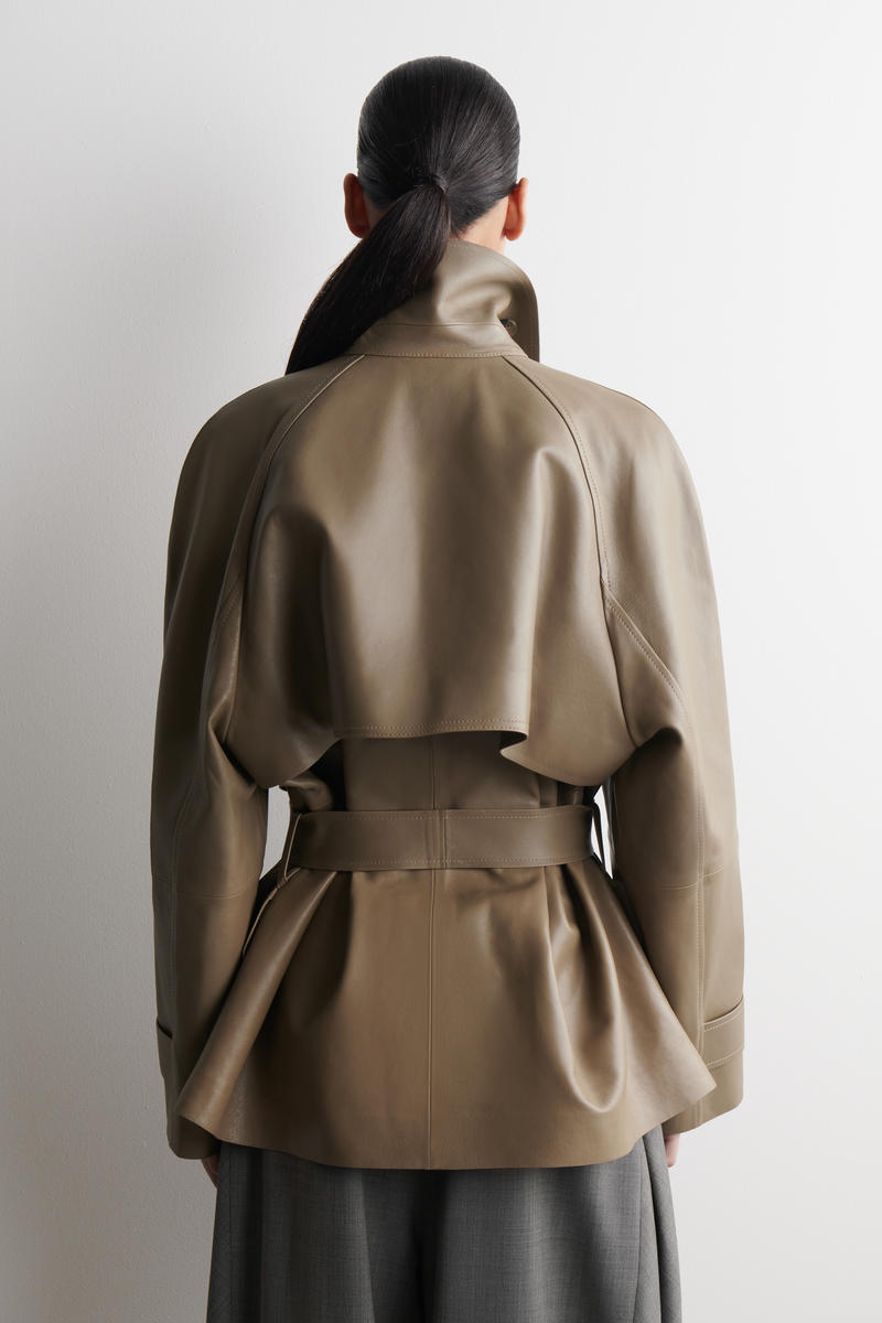 Mock-Neck Leather Short Trench Coat