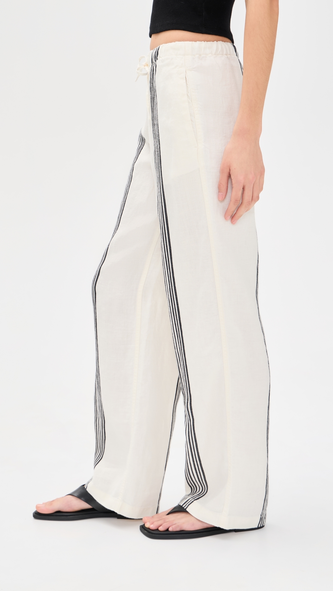 Pull-On Linen Pants Bold Placement Stripe Black