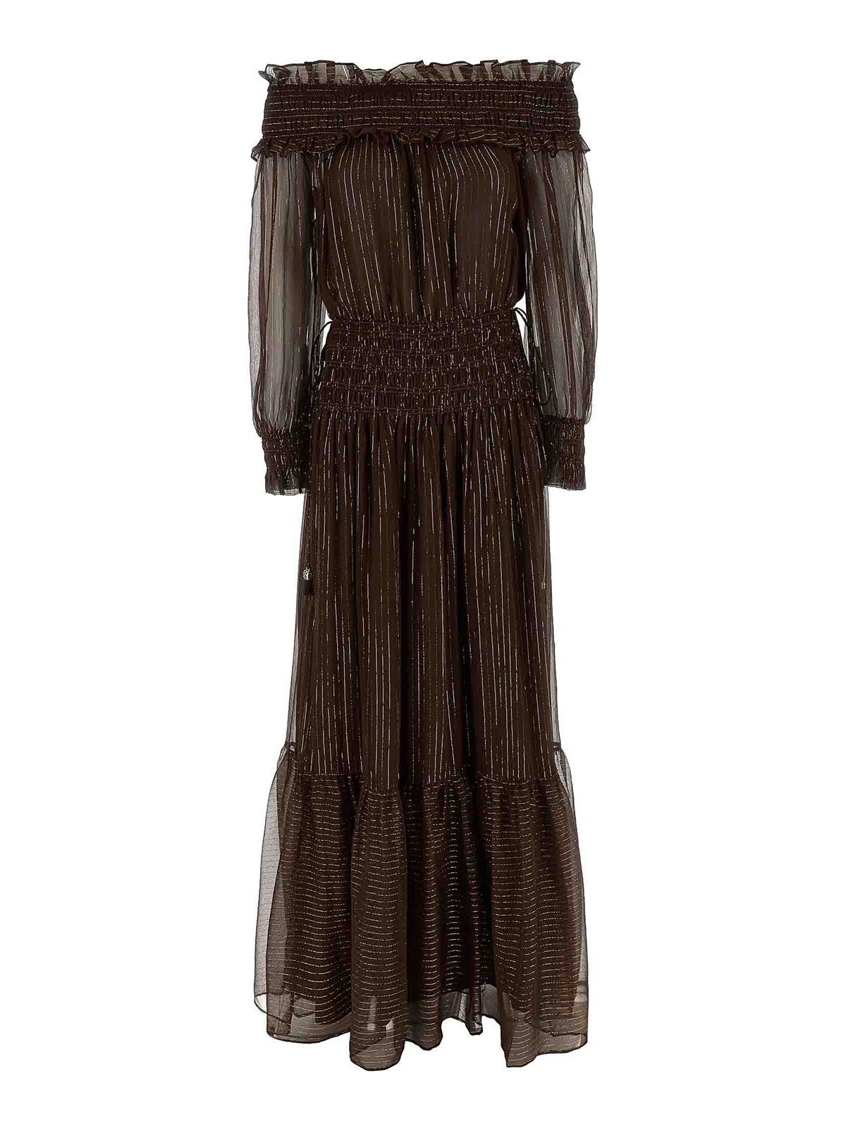 Brown Georgette Off Shoulder Maxi Dress