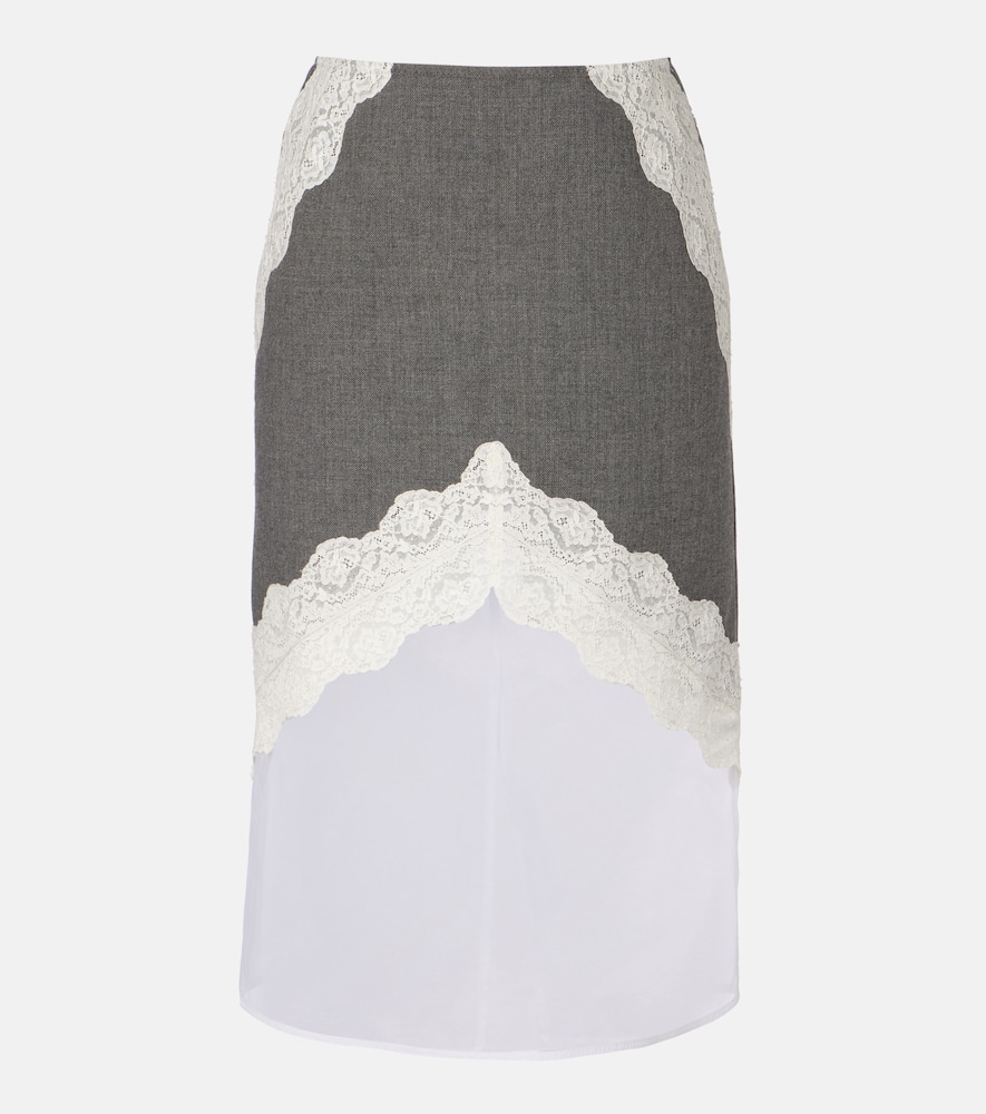 Lace-trimmed wool midi skirt