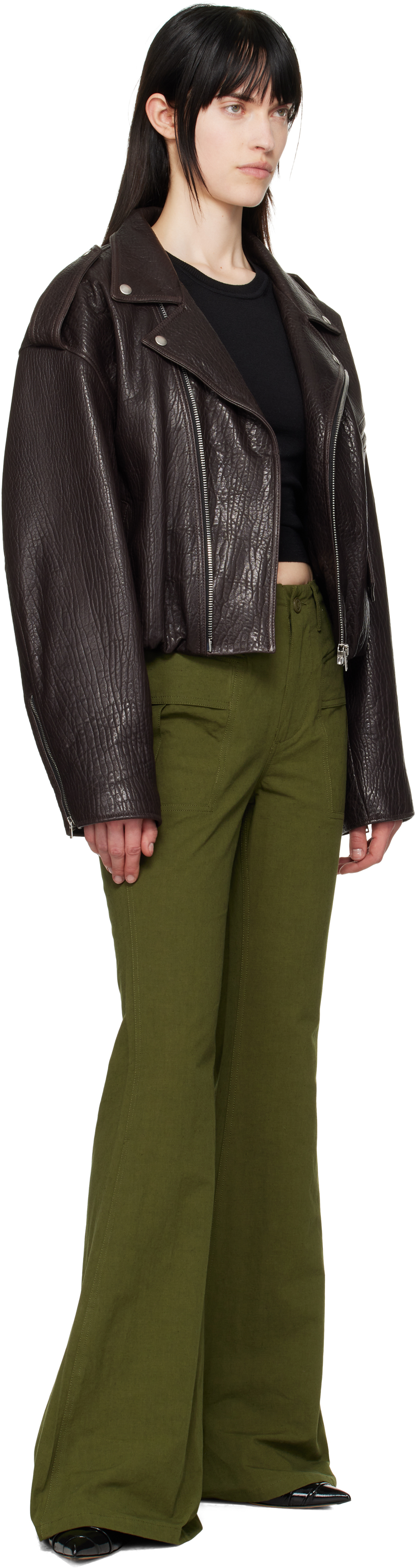 R13 Khaki Flare Leg Trousers