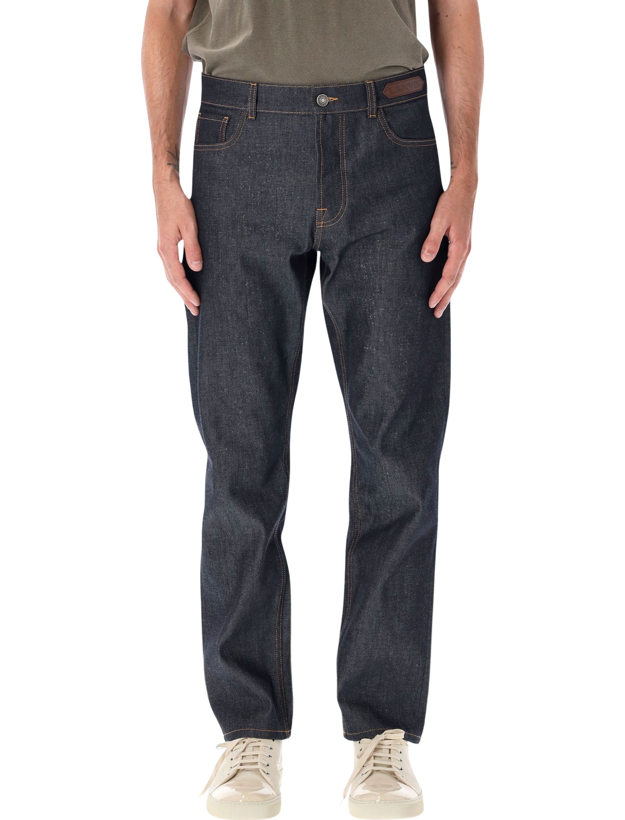 Straight-Leg Denim Pants with Embossed Leather Jacron