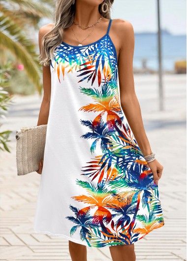 Modlily White Tropical Plants Print A Line Strappy Dre
