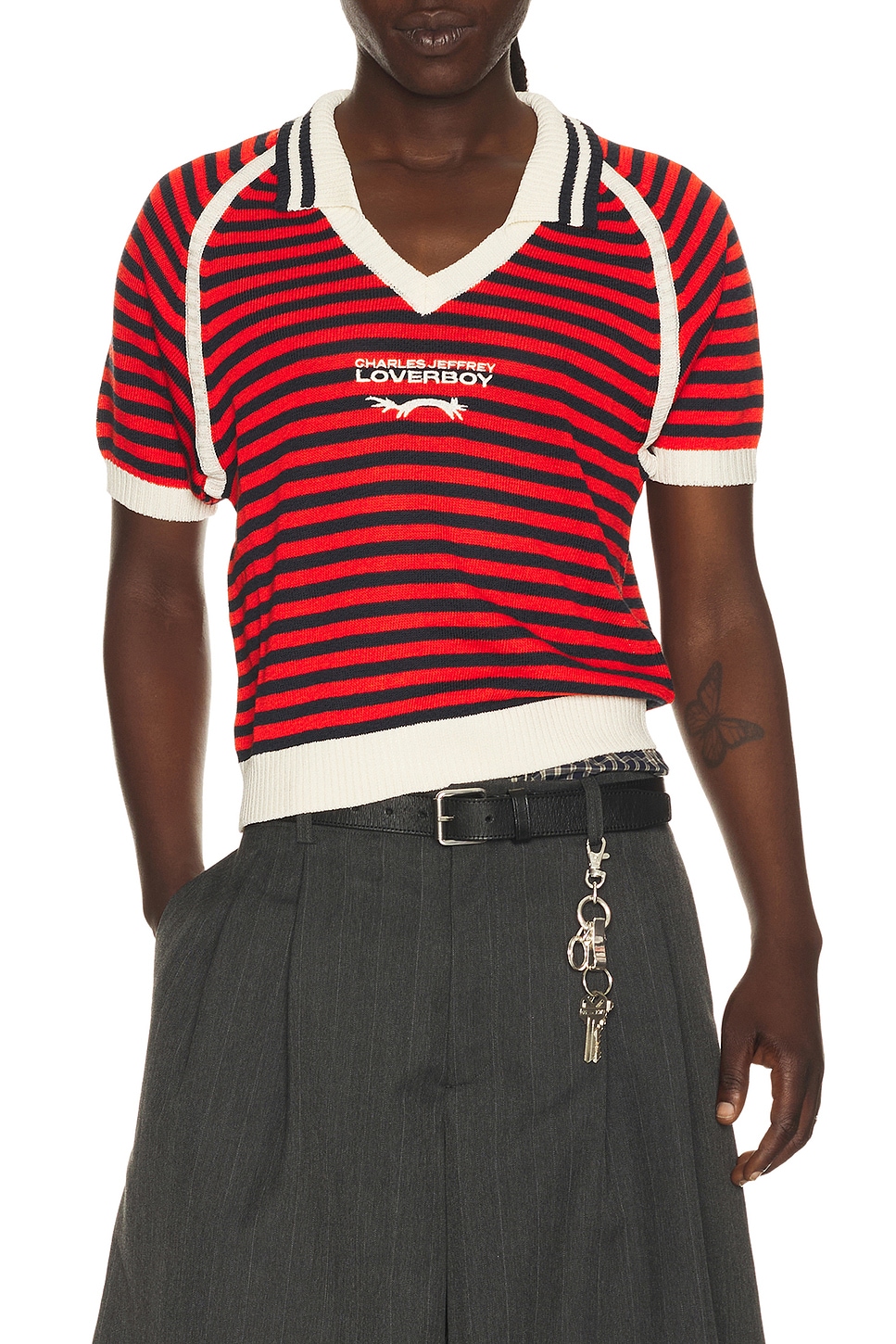 Charles Jeffrey LOVERBOY Cheeky Polo in Red & Navy Stripe - Red. M also in L, XL/1X