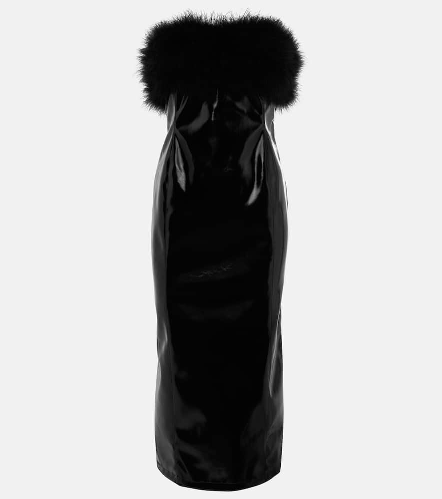 Feather-trimmed faux leather midi dress