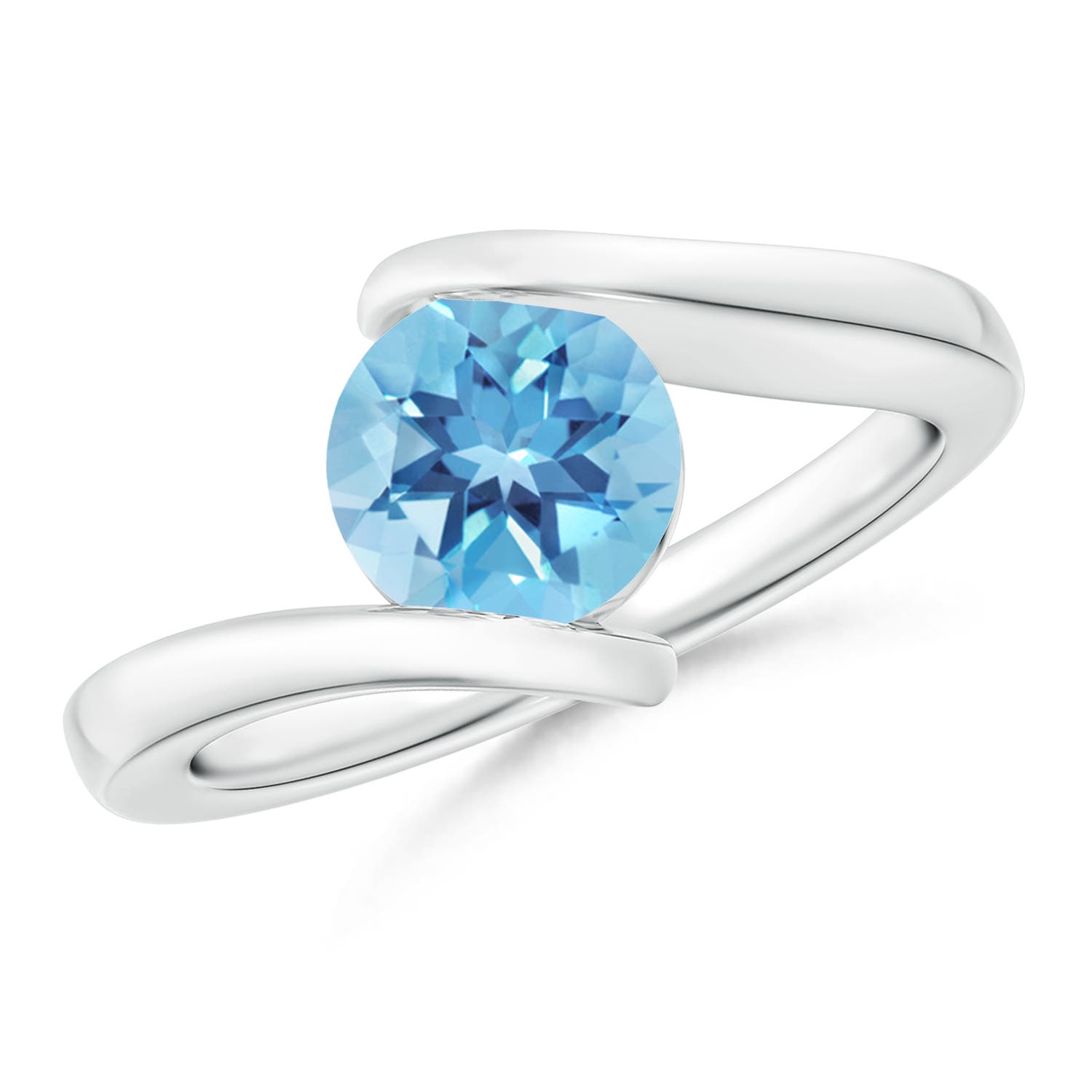 Angara 1.55 Carats Bar-Set Solitaire Round Swiss Blue Topaz Bypass Ring in Platinum