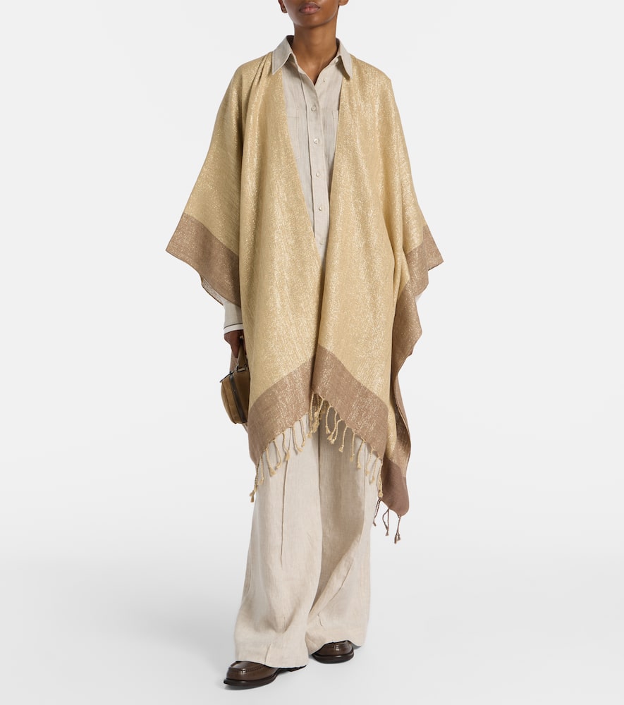 Fringed linen-blend lamé poncho