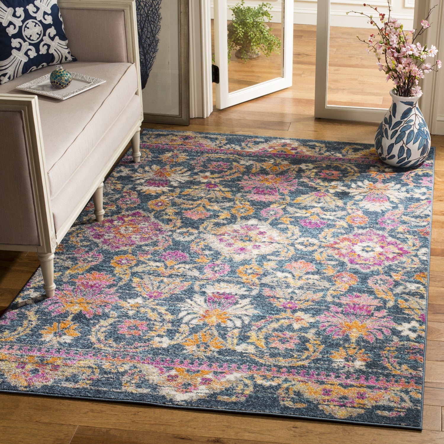 Madison Machine Made Area rug, Blue / Fuchsia Traditional Style Easy Care