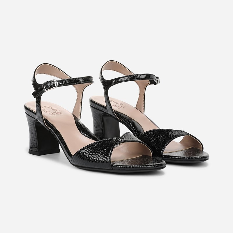 Nyla Dress Sandals, Black Textured Faux Leather