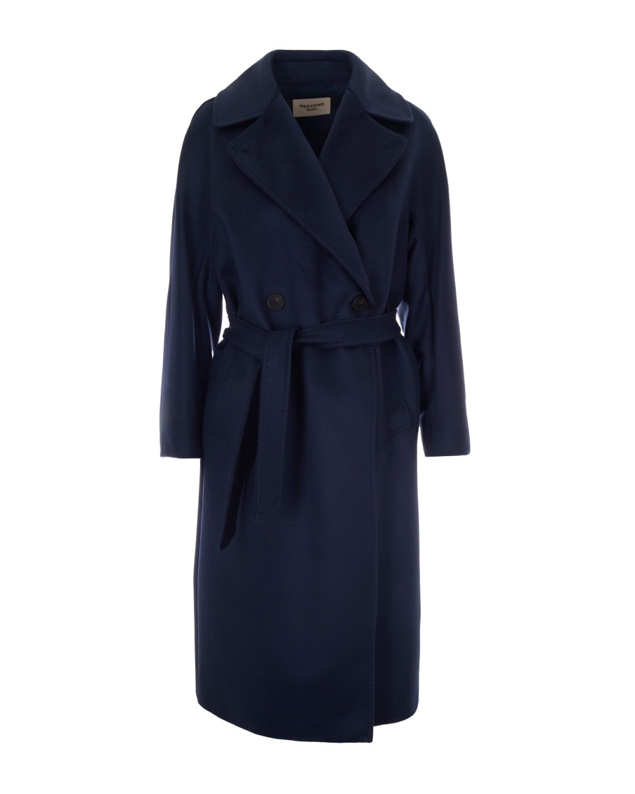 Blue Solid Notched Lapel Trench Coat