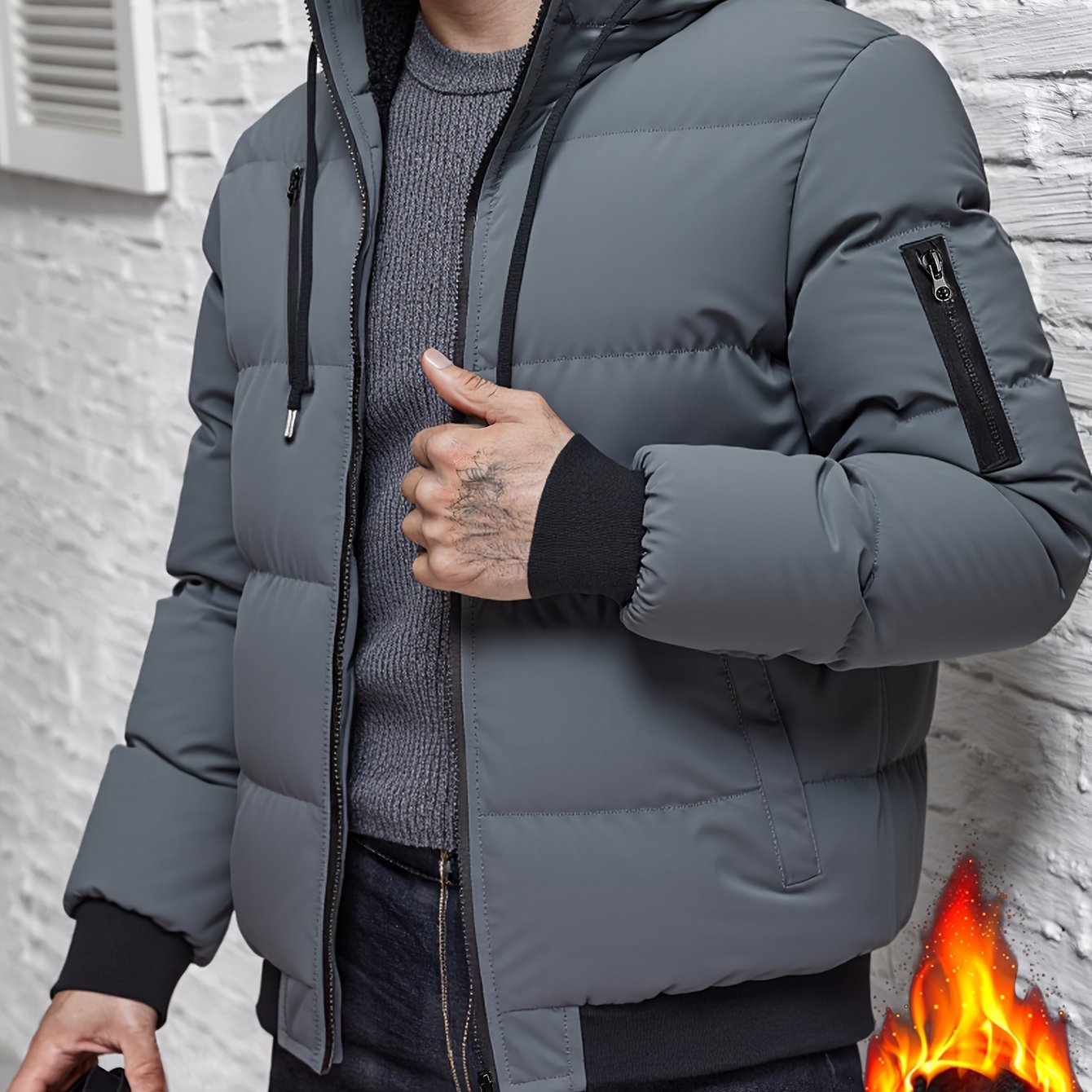 TEMU Winter Plush Jacket Thick Warm Jacket Hooded Jacket Casual Outdoor Jacket Solid Color Zipper With Plush Thickening, Casual Wear, Cold Weather