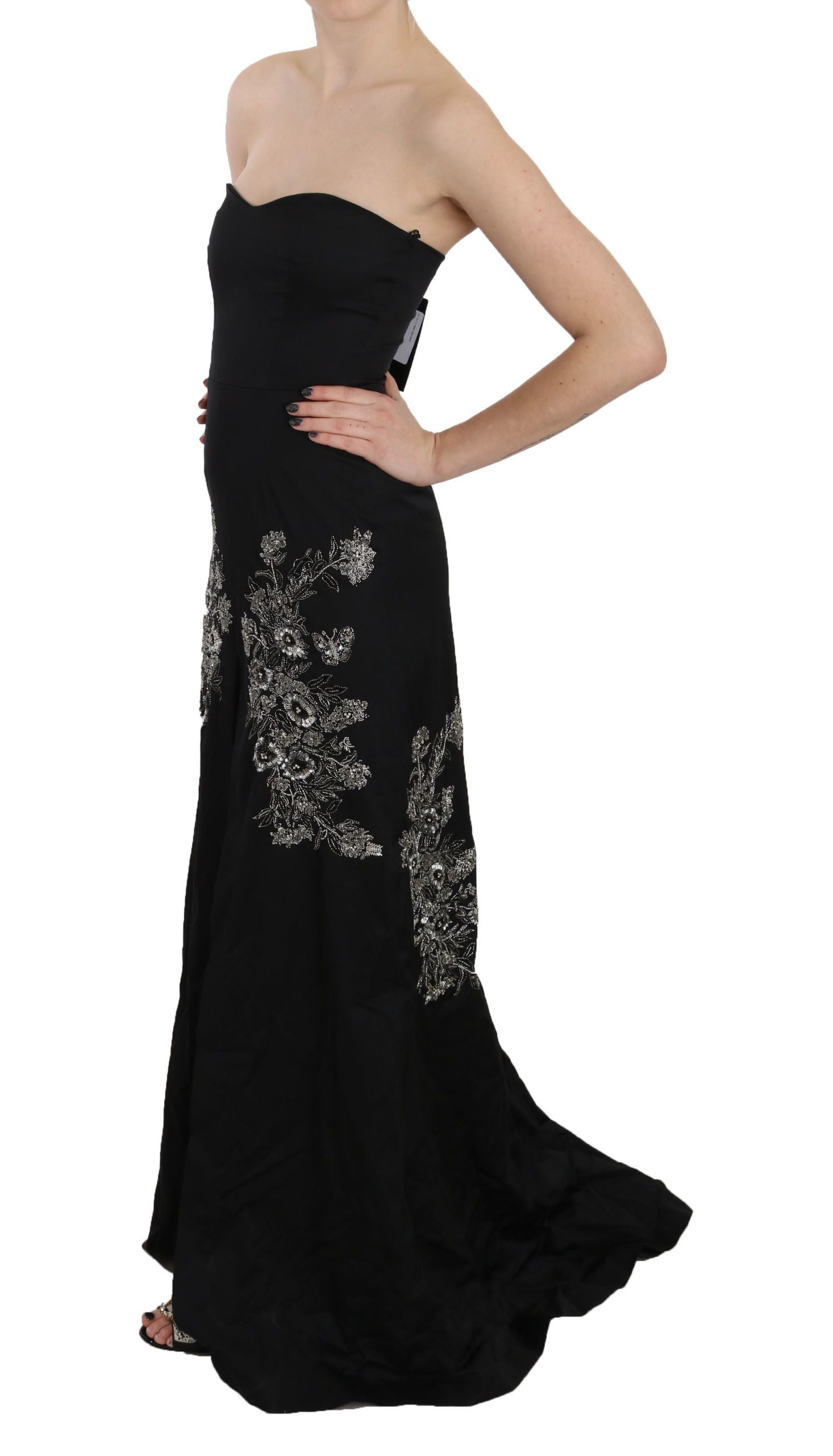 Sequined Floral Embroidered Ball Gown Dress — Black